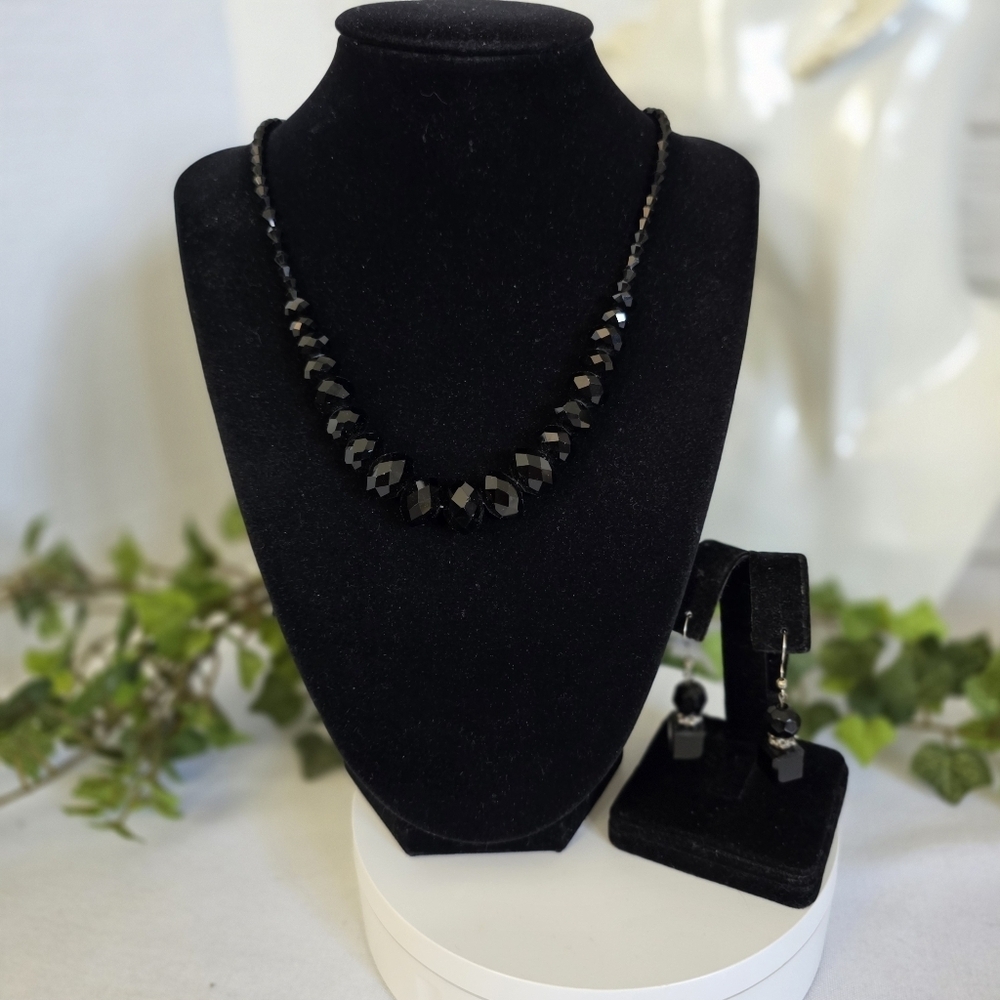 Classic Black Graduated Crystal Faceted Bead Necklace and Earrings Set